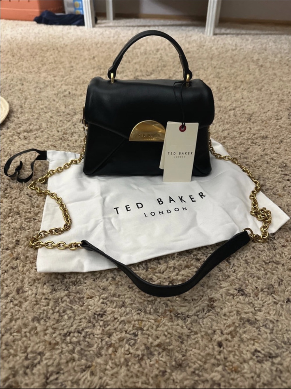 Ted Baker Black Leather Satchel with Gold Hardware